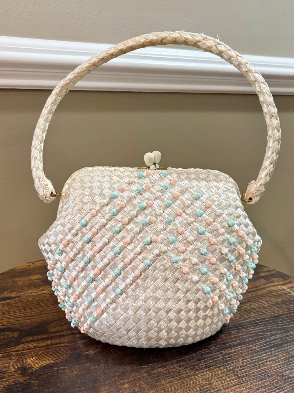 VTG 50’s-60’s Walborg Made In Italy Purse Woven Straw Raffia Clasp Beaded RARE